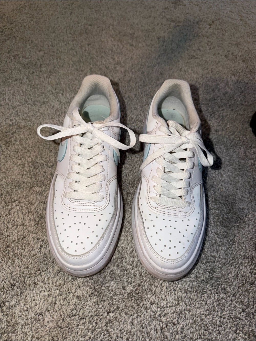 Nike Women’s White Air Force One Low-Top Sneakers with Pale Blue Swoosh